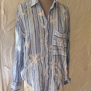 Johnny Was Blue and White Striped Embroidered Button-Up Shirt